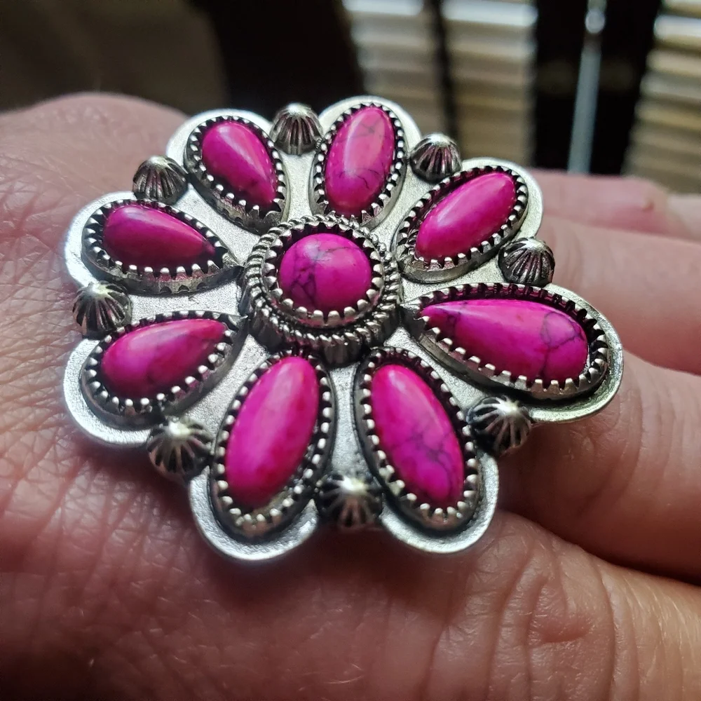 Free Spirit Boho Native South Western People Pink Stone Beaded Flower Ring